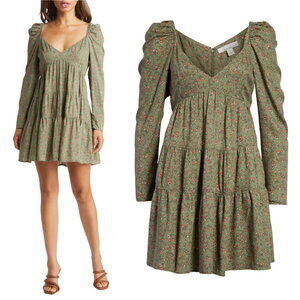 Fourteenth Place | Una Olive Green Floral Tiered Long Sleeve Mini Dress
